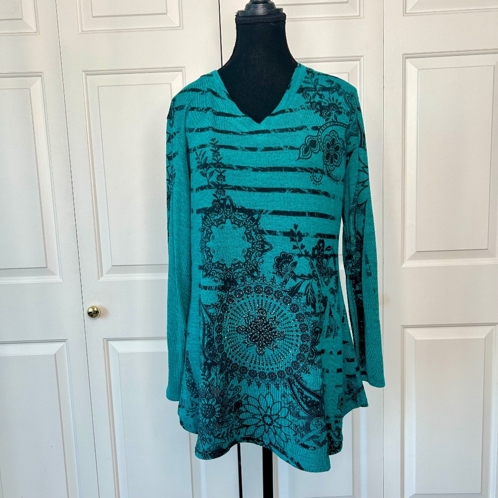 Xception Teal & Black Long Sleeved Embellished Tunic Size M